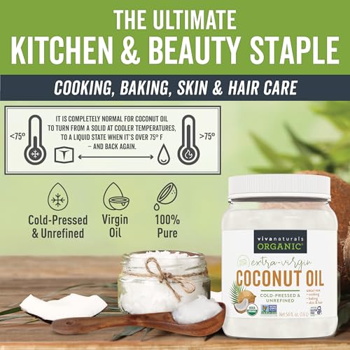 Viva Naturals Organic Coconut Oil, 54 fl oz – Unrefined, Cold-Pressed Extra Virgin Coconut Oil, USDA Organic & Non-GMO, Natural Cooking Oil, Hair Oil & Skin Oil