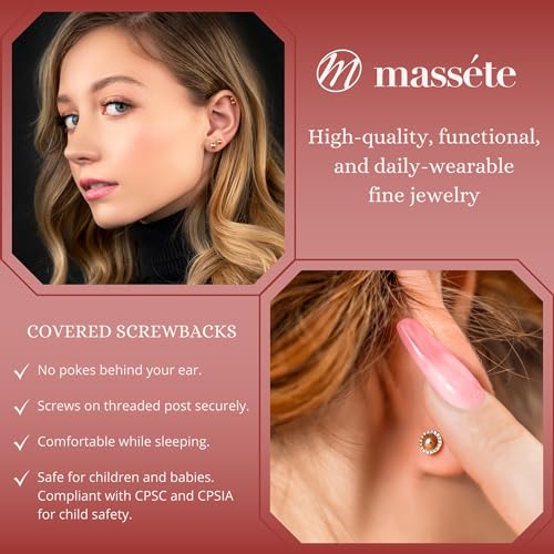 MASSETE 10k Yellow Gold Ball Stud Earrings for Women and Girls Screwback Nickel Free 5mm