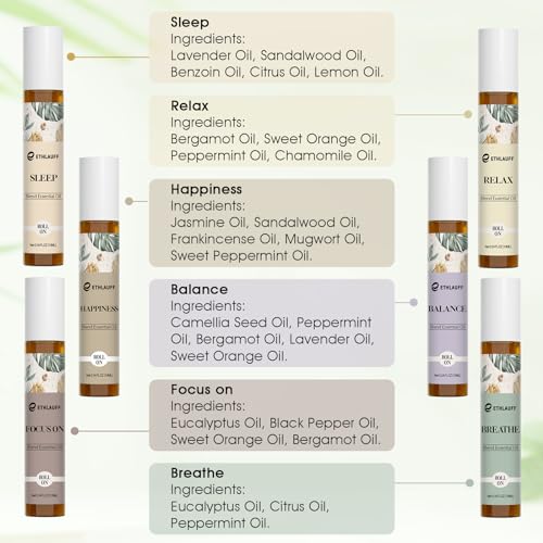 Essential Oils Roll On Set - (Relax, Sleep, Breathe, Focus on) Aromatherapy Oil with Roller Ball, Essential Oils for Skin - Self Care Gift for Women
