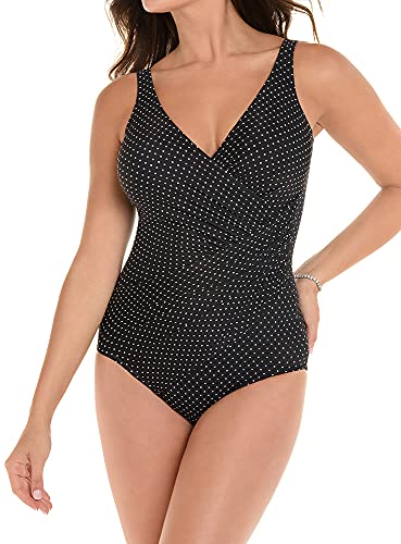 Miraclesuit Women's Swimwear Pin Point Oceanus Tummy Control V-Neckline One Piece Swimsuit, Black/White, 12