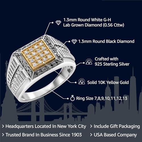 Gem Stone King Men's 925 Sterling Silver & 10K Yellow Gold Lab Grown Diamond & Black Diamond Cuban Rolex Style Square Cut Band Ring For Men | 0.56 Cttw | Size 7
