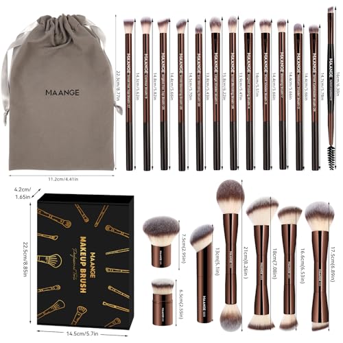 MAANGE 20 PCS Foundation Makeup Brush Set, Double-ended Kabuki Contour Brush for Liquid Powder Concealer Blending Blush Face Makeup Tools with Gift Box (Coffee)