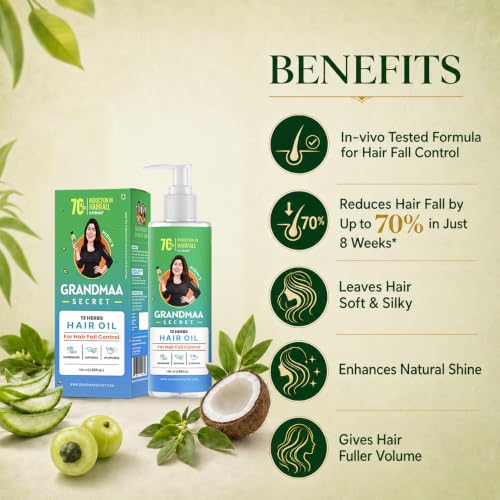 NIDHI’S GRANDMAA SECRET 13 Herbs Hair Oil for Hair Growth & Hair Fall Control Handmade Oil with Aloe Vera, Curry Leaf & Amla For Dry, Damaged, Frizzy Hair Men & Women – 100 ml (Pack of 1) Multicolor