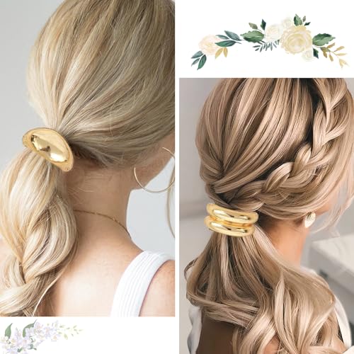 Metal Ponytails Hair Cuffs Gold & Silver Ties, Geometric Elastic Fashion Glossy Arch Accessories for Women 4PCS