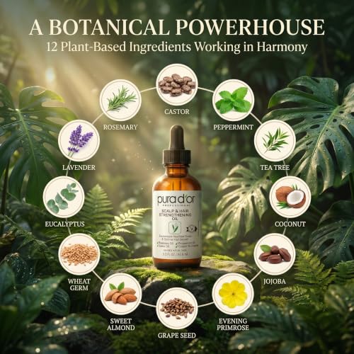 PURA D'OR Scalp & Hair Strengthening Oil Supports Optimal Growth, Reduce Breakage, Nourish Roots for Healthier, Fuller, Thicker Hair - Rosemary, Castor & Peppermint Oil: 3.3 Oz Ayurvedic Hair Care