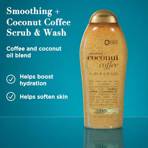 OGX Smoothing + Coconut Coffee Exfoliating Daily Body Scrub with Arabica Coffee & Coconut Oil, Hydrating & Moisturizing Body Wash for Dry Skin, Paraben-Free with Sulfate-Free Surfactants, 19.5 Fl Oz