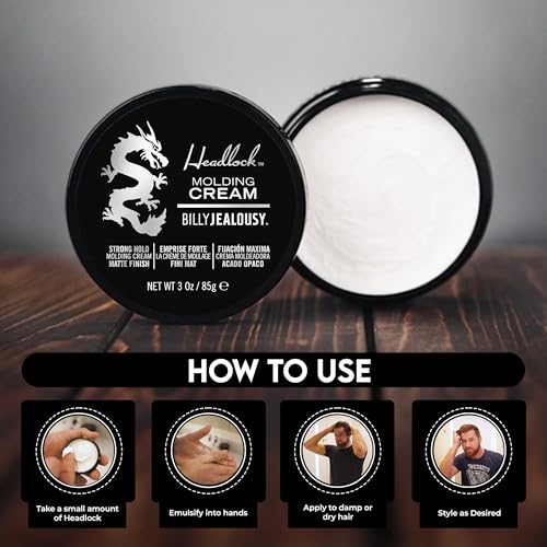 Billy Jealousy Headlock Hair Molding Cream, Hair Styling Cream for Men with Strong All-Day Hold, Natural Matte Finish Styling Agent for All Lengths, 3 Ounce