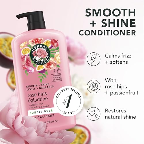Herbal Essences Conditioner, Rose Hips + Passionfruit - Smooth Collection, Shiny Hair with Vitamin E & Jojoba, Safe for Color Treated Hair, Floral Scent, Cruelty-Free, Dermatologist-Tested, 29.2 Fl Oz