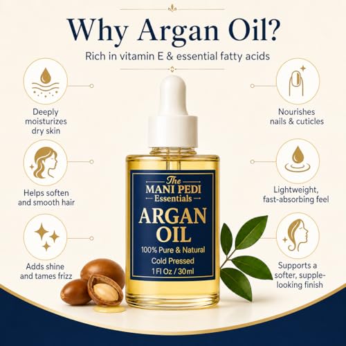 The Mani Pedi Essentials TMPE Argan Oil, Cold Pressed Hair and Skin Oil for Dry Hair, Face and Body Moisturizer, 1 Fl Oz