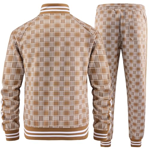 Aiozowa Track Suits for Men Set Plaid Jogging Tracksuit Mens 2 Piece Sweatsuits Jogger Sweat Suits Two Piece Sport Leisure Clothes Outfits Light Brown KEW-KE08-L