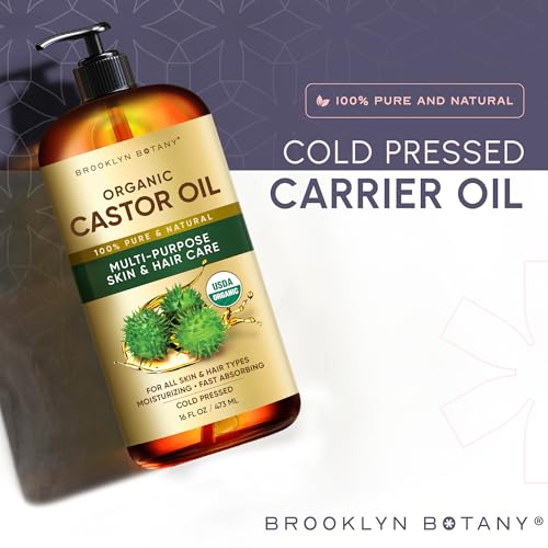 Brooklyn Botany Cold-Pressed Organic Castor Oil | 16 Fl Oz | Hair | Face | Body | 100% Pure and Natural | Carrier Oil | Aromatherapy | Massage | Ayurvedic Hair Care | Hexane-Free