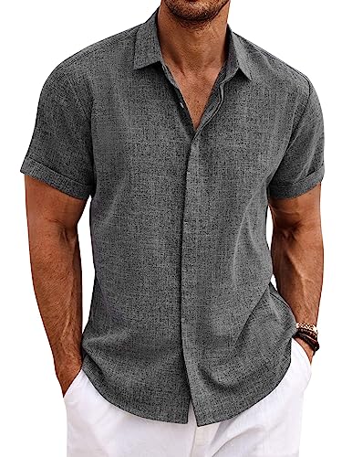 COOFANDY Men's Linen Shirts Short Sleeve Casual Shirts Button Down Shirt for Men Beach Summer Wedding Shirt Dark Grey