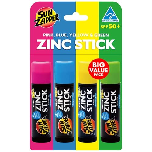 Sun Zapper Zinc Oxide Mineral Sunscreen Stick – SPF 50+ Water Resistant – 4-Pack (Pink, Blue, Green, Yellow) Rainbow Pack – For Face & Body – Made in Australia