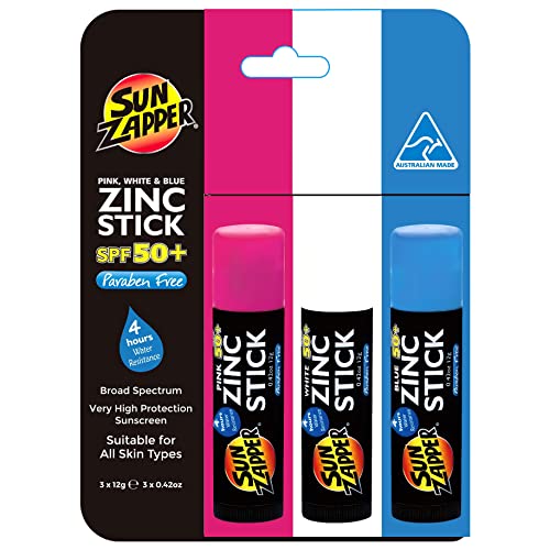 Sun Zapper Zinc Sunscreen Stick 3-Pack SPF 50+ Pink White Blue – Mineral Sunscreen Sticks for Face, Water Resistant Sunblock for Kids and Family, Travel Size 12g (0.42 oz), Australian Made