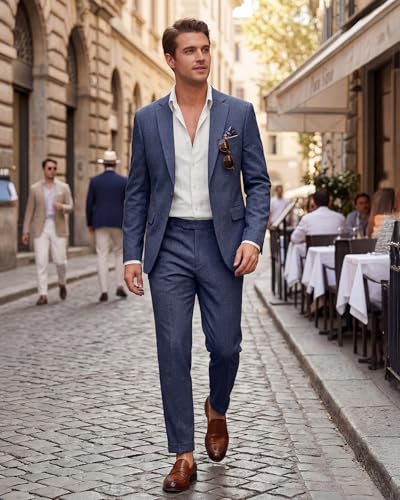 WULFUL Men's Slim Fit 2 Piece Suit, One Button Solid Blazer Business Party Jacket Pants Set Navy