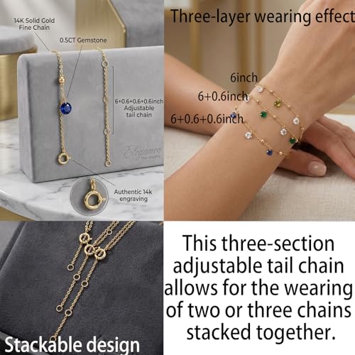 NFYBD 14K Solid Gold Custom Multi-Gemstone Station Bracelet in Real Pure Gold Gift for Women (Simulated diamonds and garnets)