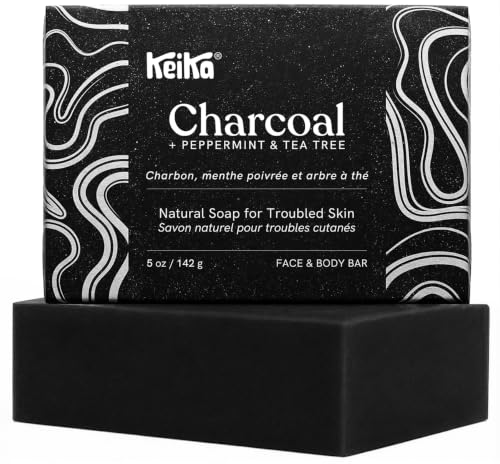 Keika Charcoal Black Soap Bar for Eczema, Psoriasis, Face, Body, Men Women Teens with Oily Skin, 5 oz.