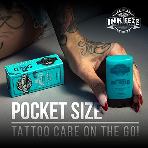 INK-EEZE Tattoo Sunscreen Stick SPF 50, Ink Shield, UVA/UVB Blocking, Dries Clear, Ozone Reef Friendly, Vegan, Made in USA, Coconut, 0.5oz Stick