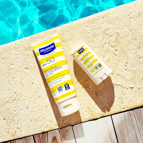 Mustela Baby Mineral Sunscreen Stick SPF 50 Broad Spectrum - Face & Body Sun Stick with 70% Organic Ingredients - Ultra Sheer, Water Resistant & Fragrance-Free - 0.6 oz.