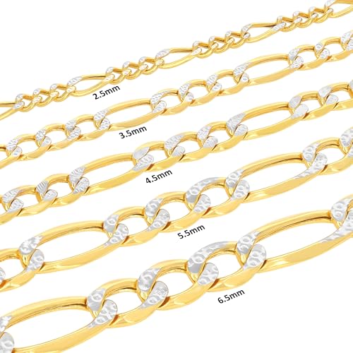 Nuragold 10k Real Yellow Gold Figaro Link Pave Diamond Cut Chain Bracelet - 4.5mm,7"