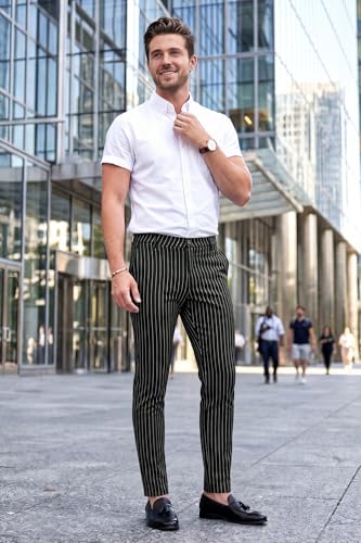 GINGTTO Mens Dress Pants Slim Fit Stretch Pinstripe Pants Men Casual Black 32Wx30L