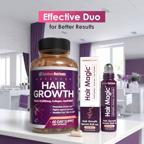 Hair Magic™ Hair Growth Serum Roll On- Multi-Peptides + Rosemary Oil for Hair Growth, Density, Beard, Eyebrows & Scalp Serum Treatment For Women & Men with Saw Palmetto - Suero Para El Cabello