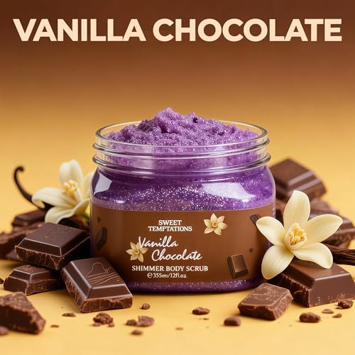 Sweet Shimmer Body Scrub - Exfoliate & Glow for Soft, Radiant Skin - 12 oz / 355ml with Jojoba Oil & Vitamin E for All Skin Types (Vanilla Chocolate)