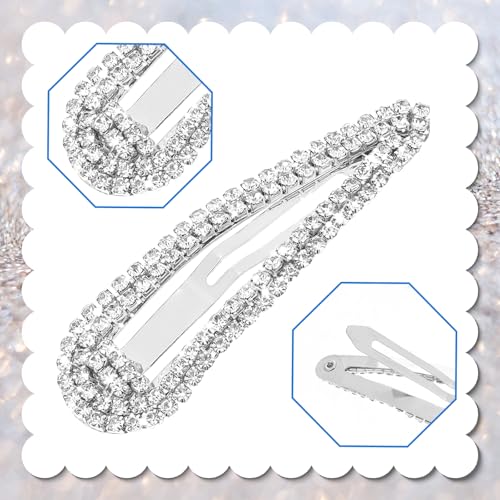 4PCS Rhinestone Hair Clips, Snap Barrettes for Women, Water Drop Crystal Hairs Barrettes, Bling Metal Snap Rhinestone Hairpins, Sparkle Hair Accessories for Women