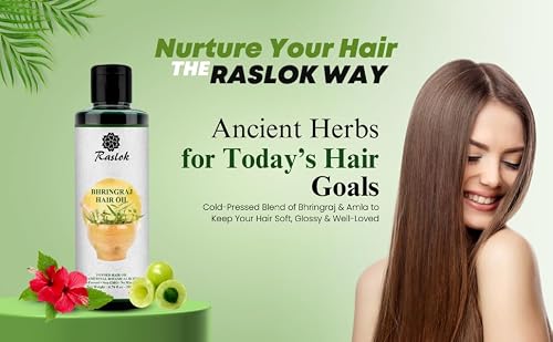 Raslok Bhringraj Hair Oil 6.76 fl oz –200ml | Ayurvedic Botanical Blend with Amla, Neem, Hibiscus & Brahmi | Cold-Pressed | Non-GMO | No Mineral Oil | Made in India