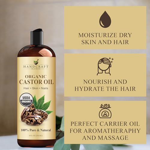 Handcraft Blends Organic Castor Oil 8 Fl Oz | 100% Pure and Natural | Premium Grade Carrier Oil | Hair, Eyelashes and Eyebrows | Hair and Body | Expeller-Pressed | Hexane-Free