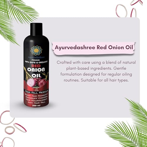 AYURVEDASHREE Hair Treatment Oil with Red Onion, Oil blends of Black Seed, Pure Argan, Sandalwood & Rose - 200 Ml/6.7 fl oz