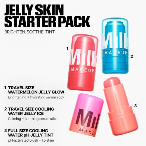 Milk Makeup Skincare Jelly Gift Set – Hydrating + Brightening Face Serums and Blush + Lip Stain in pH-Adaptive Pink – Two Full Size Serum Sticks .21oz + Travel-Friendly Jelly Tint (pHreeze) .17oz