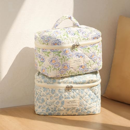 uekeboag Large Travel Quilted Makeup Bag for Women (01Lithtblue-flower)