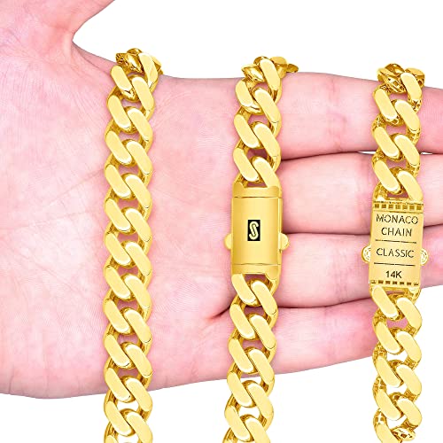 Nuragold 14k Real Yellow Gold Monaco 13mm Miami Cuban Chain Mens Bracelet - 8.5"