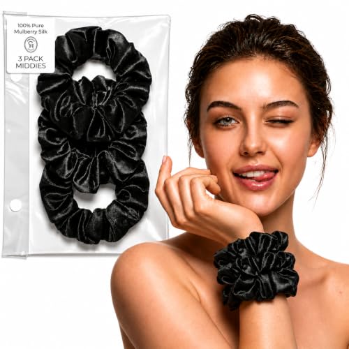 SUNDAYSILKS™ Luxurious Mulberry Silk Scrunchies for Women & Girls | No-Slip, Silky Hair Ties for Natural, Curly, Thin or Thick Hair | Gentle Hold for Ponytails & Sleep | Mini to Large Sizes [6 Pack]