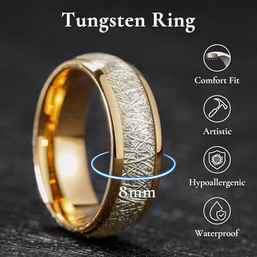 King Will Mens Gold Tungsten Wedding Band Meteorite Inlay Rings 8mm Size 10