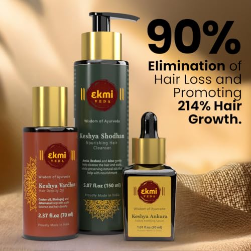 EKMIVEDA Hair Growth Set With Ayurvedic Herbs - Bhringraj, Castor, Amla, Rosemary for Hair Growth. Sulfate Free Hair Thickening Products, 3 Pcs - Oil, Shampoo & Redensyl Serum, 8.45 Fl Oz