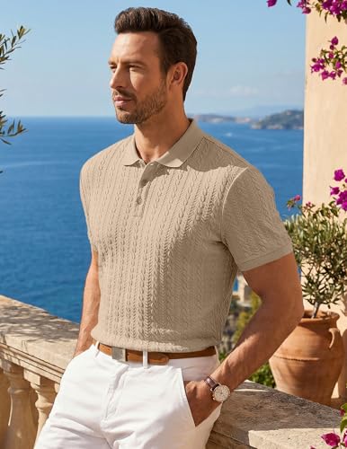 JMIERR Polo Shirts for Men Classic Fit Casual Ribbed Button Down Shirt Quiet Luxury Clothes Casual Collared Shirt, US43(L), Parchment