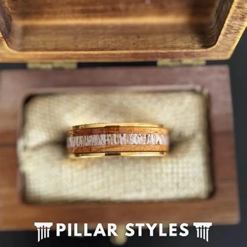 Pillar Styles Rustic 14K Gold Wedding Band Whiskey Barrel Rings for Men with Deer Antler Inlay 8mm Comfort Fit Tungsten Bourbon Barrel Wooden Ring Unique Wood Engagement Band