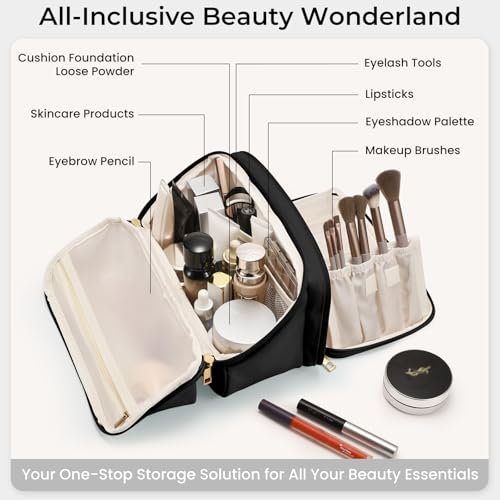 HauteHues Travel Makeup Bag for Women, Large Capacity Cosmetic Organizer & Toiletry Bag with Wide-Open Design, with Brush Holders & Compartments, Waterproof Case for Makeup & Skincare, Black