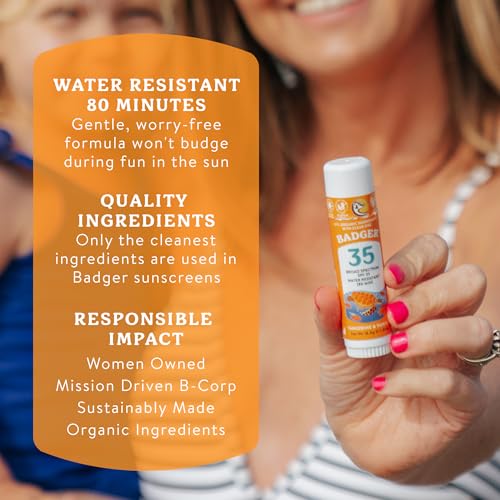Badger Mineral Kids Sunscreen Face Stick SPF 35, Zinc Oxide Travel Size Sunscreen Stick for Kids, 97% Organic Ingredients, Reef Safe, Water Resistant, .65 oz, 2-Pack