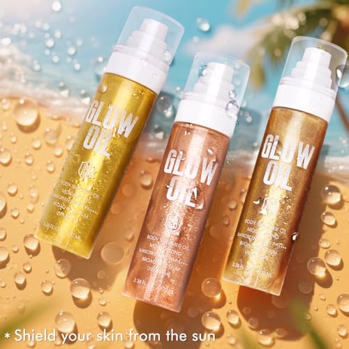 Body Glow Oil, Broad Spectrum SPF 50, Glitter Shimmer Sunscreen Body Oil Lotion with Sequin Mica, Lightweight Non-Sticky Moisturizer with Coconut, Skin Illuminator Glowing Results (01# Golden Amber)