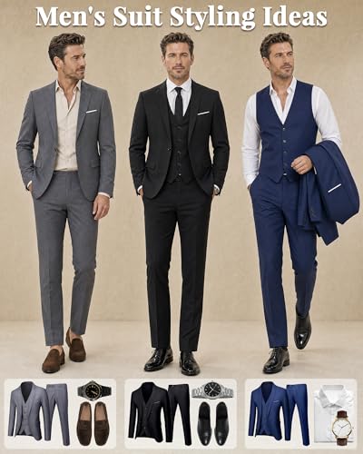 MY'S Men's 3 Piece Slim Fit Suit Set, One Button Solid Jacket Vest Pants with Tie Deep Blue
