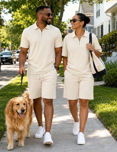 UOUA Mens Track Suits 2 Piece Sets Short Sleeve Sweatsuit Outfits Casual Quarter Zip Golf Polo Shirts & Summer Jogger Shorts Outdoor Sets Beige L