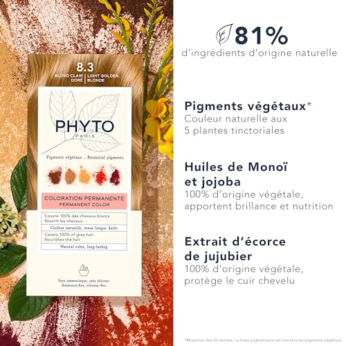 PHYTO Phytocolor Permanent Hair Color, 8.3 Light Golden Blonde, with Botanical Pigments, 100% Grey Hair Coverage, Ammonia-free, PPD-free, Resorcin-free, 0.42 oz.