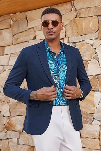 COOFANDY Men's Casual Blazer Sport Coats Lightweight Big and Tall Suit Jackets Two Button Linen Business Blazer A-Navy Blue