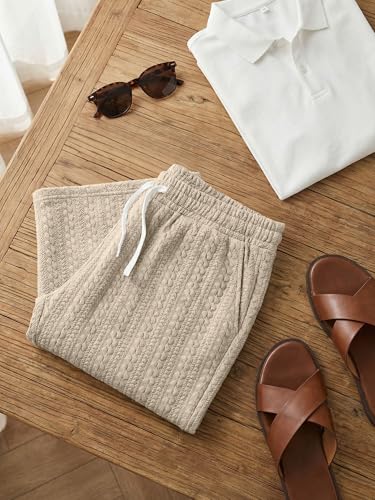 JMIERR Men's Casual Essentials Shorts Cable Knit Textured Elastic Waist Drawstring Shorts with Pockets for All Day Comfort, Light French Beige, XX-Large