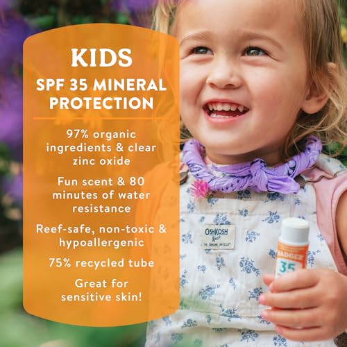 Badger Mineral Kids Sunscreen Face Stick SPF 35, Zinc Oxide Travel Size Sunscreen Stick for Kids, 97% Organic Ingredients, Reef Safe, Water Resistant, .65 oz, 2-Pack