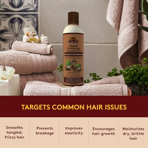 OKAY Black Jamaican Castor Oil Leave In Conditioner - Hair Moisturizer For Women And Men, Natural Hair Product For Hair Growth, Curly Hair Grease For Smooth, Moisturized Hair - 8 Oz (Pack Of 1)