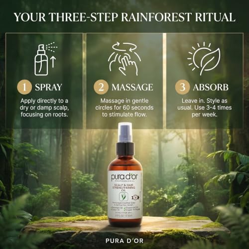 PURA D'OR Scalp & Hair Strengthening Oil Supports Optimal Growth, Reduce Breakage, Nourish Roots for Healthier, Fuller, Thicker Hair - Rosemary, Castor & Peppermint Oil: 3.3 Oz Ayurvedic Hair Care